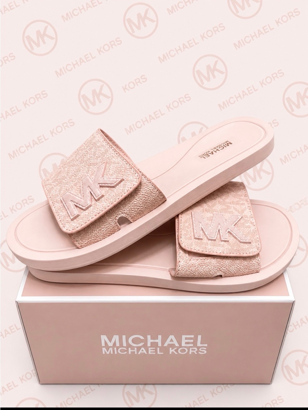 Michael Kors Blush Pink Glitter MK Slide Sandals